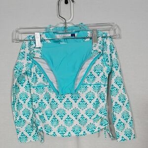 NWT Cabana Life Blue Paisley Rashguard And Bikini Set Girls Size 4 Upf 50 Summer